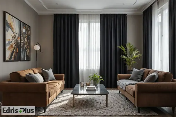 پرده مشکی با مبل قهوه ای