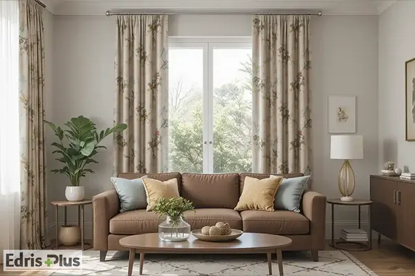پرده طرح دار با مبل قهوه ای