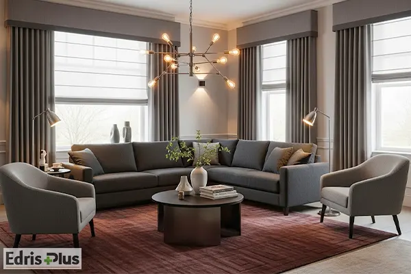 ست پرده طوسی با فرش زرشکی
