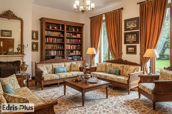 ست فرش کرم با پرده نسکافه ای