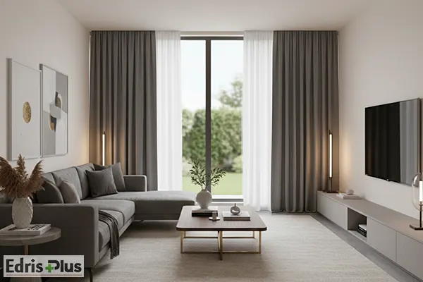 ست فرش کرم با پرده طوسی