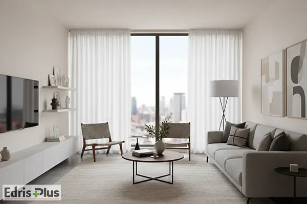 ست فرش کرم با پرده سفید