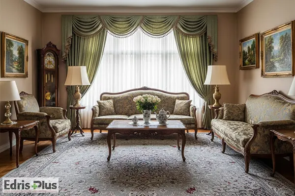 ست فرش طوسی با پرده سبز یشمی