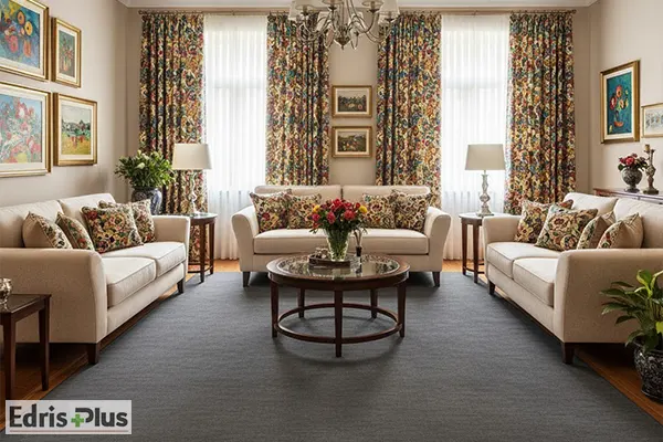 ست فرش طوسی با پرده طرحدار