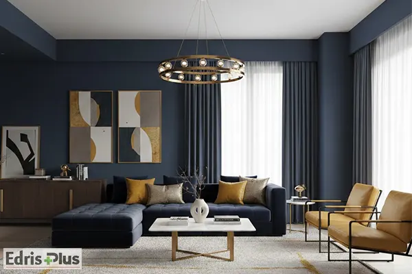 ست رنگ سرمه‌ای و زرد خردلی در خانه