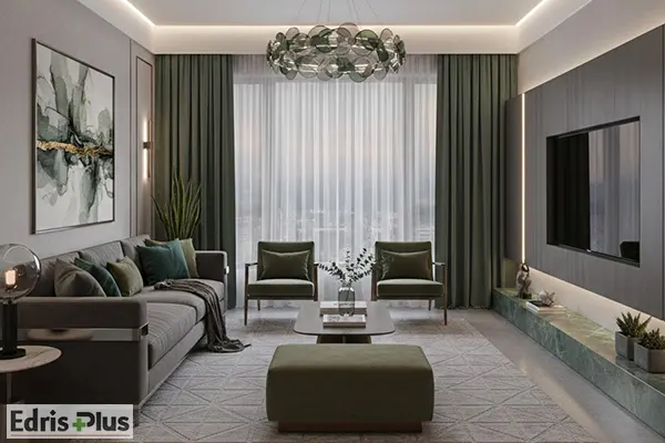 اتاق پذیرایی طوسی و سبز